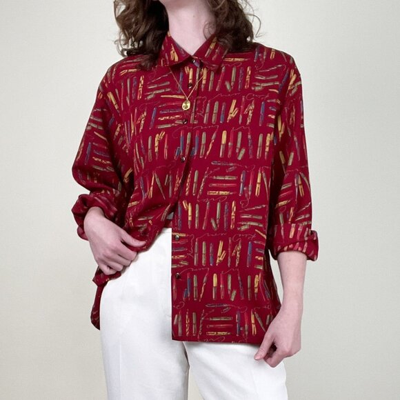 Vintage Calligraphy Fountain Pen Novelty Print Button Up Down Blouse Shirt Top - Picture 3 of 9